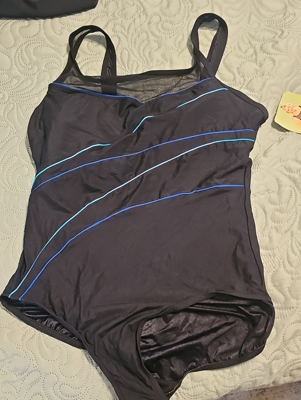 Beach Cabana women's Black One-Piece Swimsuit with Blue and Teal Accent Piping